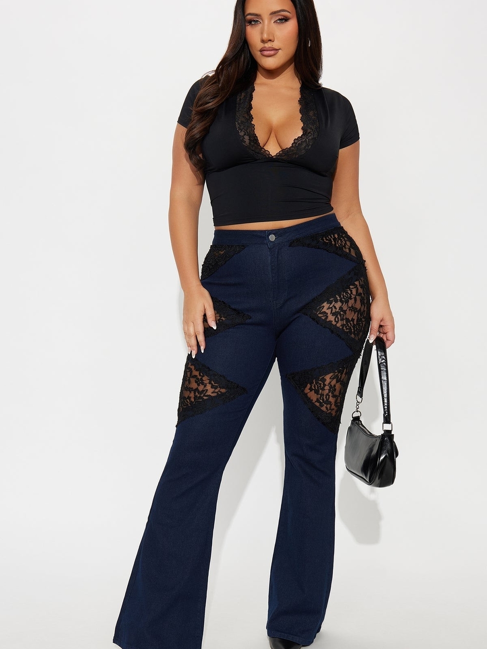 Fashion Nova Dark Blue Denim Jeans with Black Lace Insets